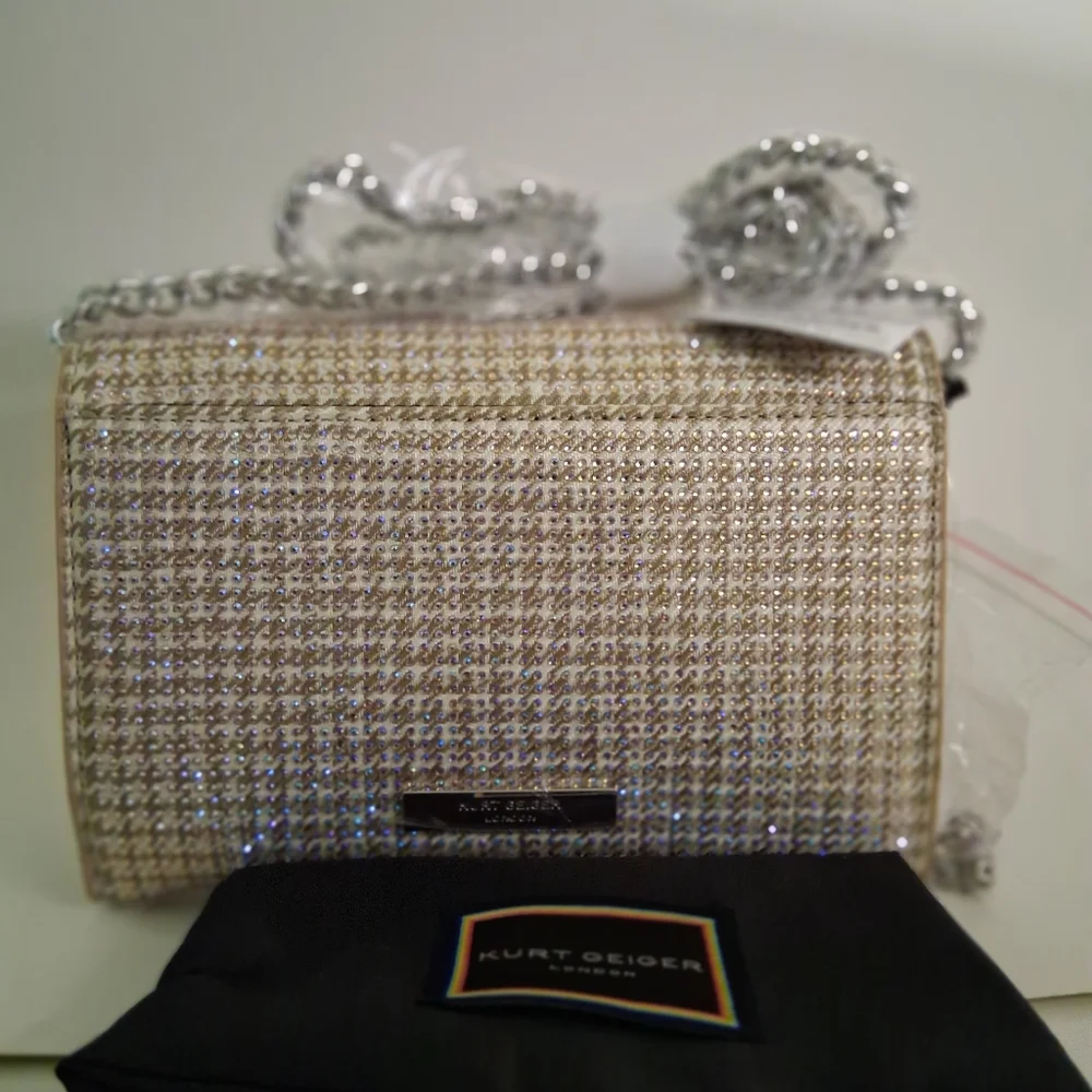 Kurt Geiger Shoreditch Bag Beigh/Gold Clutch with Bow Rhinestones NWT